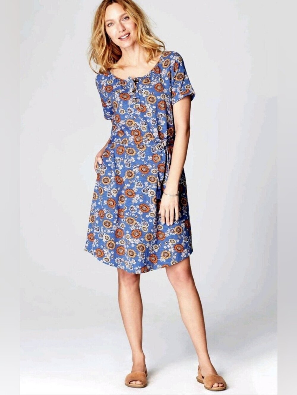J. Jill Sunflower Print Henley Slub Knit Dress Size M Relaxed Pockets Tie-Waist